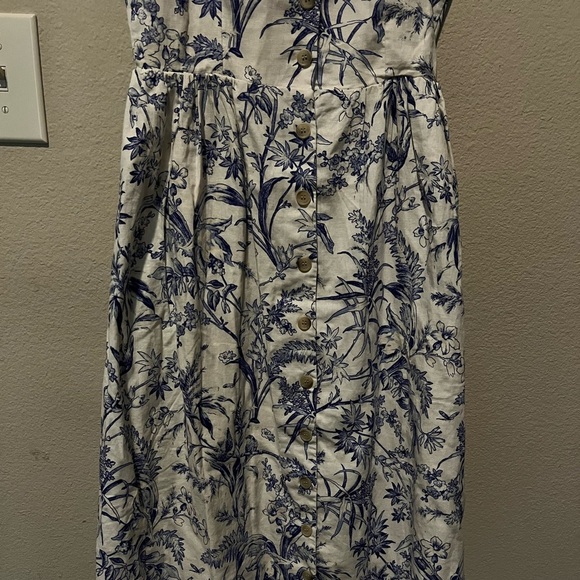 Linen Floral White and Blue Button Down Midi Sun Dress Small Sleeveless - Picture 3 of 9